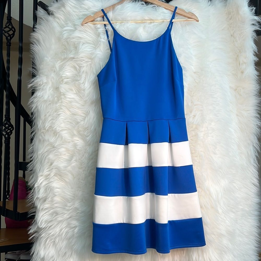 B Darlin blue and white striped spaghetti strap dress